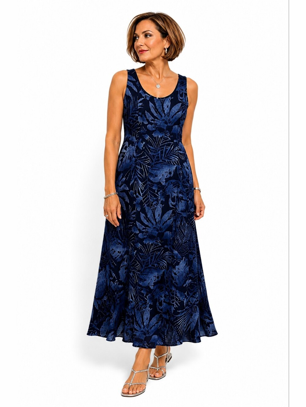 Vintage 90s Dana B & Karen 100% Silk Tropical Palm Leaf Maxi Dress Size 14 Navy